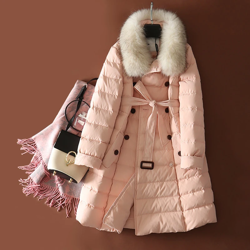 2021 Winter Down Coat Women Long Parka Jacket With Real Raccoon Collar White Duck Feminine Pink Overcoat Korean | Женская одежда