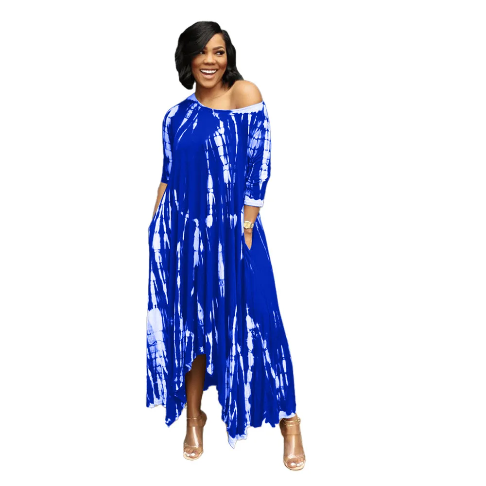 

H8923 European and American women new style long skirt split skirt wide neck tie-dye dress with pockets
