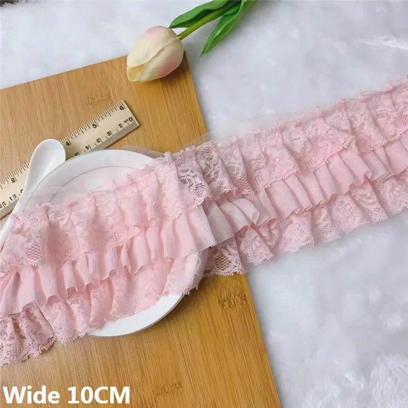 

10CM Wide Three Layers Pink 3d Pleated Chiffon Lace Fabric Ruffle Trim Embroidered Fringe Ribbon DIY Princess Dress Sewing Decor