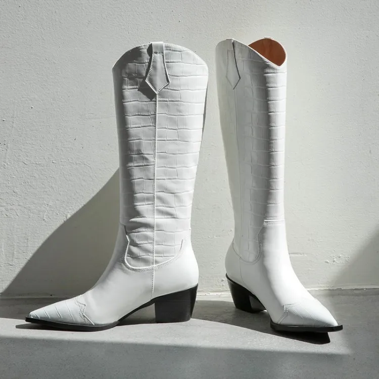

MLJUESE 2021 women knee-high cow leather winter slip on short plush pointed toe high heels boots female Western boots