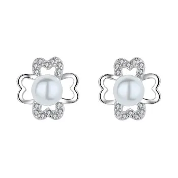 

S925 Sterling Silver Sweet Four-leaf Clover Pearl Earrings Female Temperament Diamond Clover Earrings Korean-earrings-2021