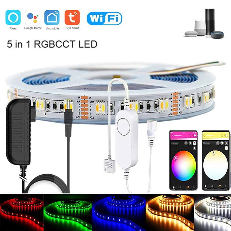 Светодиодная лента с Wi Fi Tuya световая полоса регулировкой яркости 12 В 5050 5 в 1 RGBCCT м 2