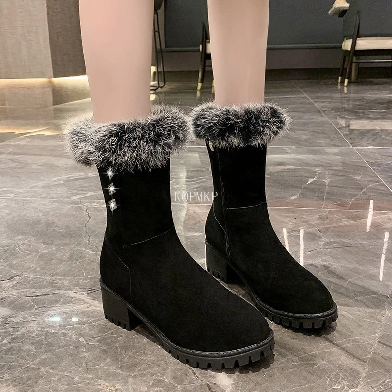 

Женские ботильоны на высоком каблуке, зимние теплые ботинки на платформе, на квадратном каблуке, Размеры 35-40