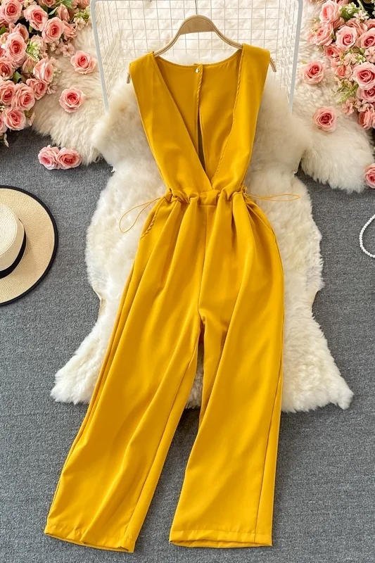 

2021 summer new sexy deep V-neck bandage, waist closed, slim one-piece pants, straight tube wide leg pants, Romper sleeveless