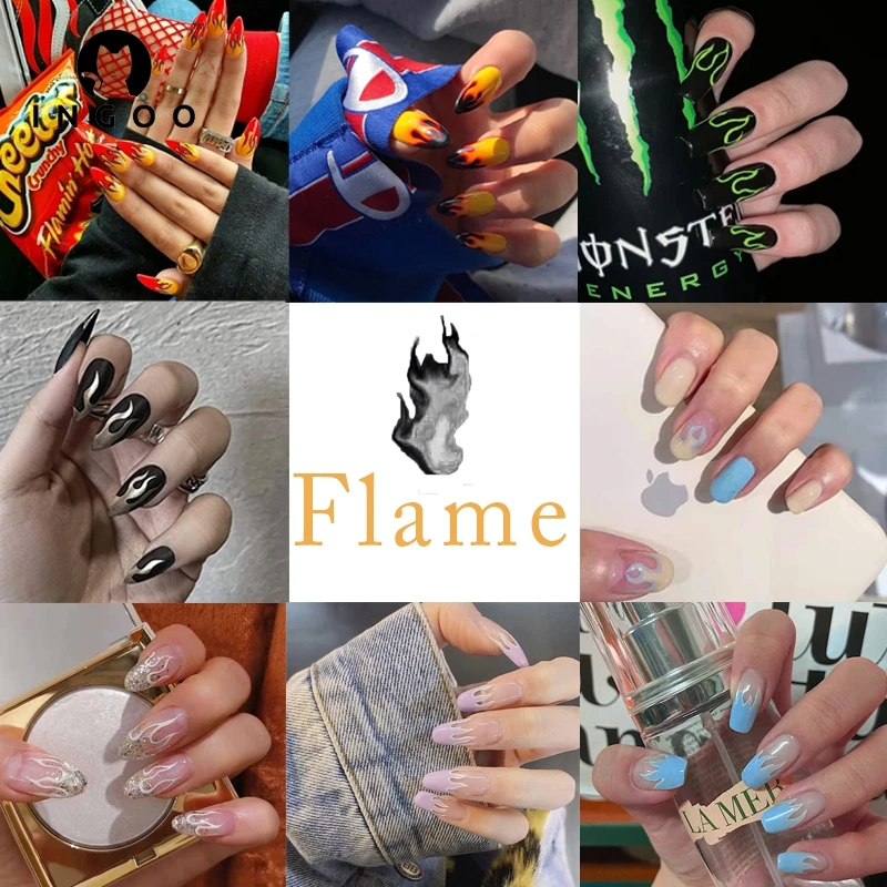 

24 шт., накладные ногти средней длины с эффектом пламени