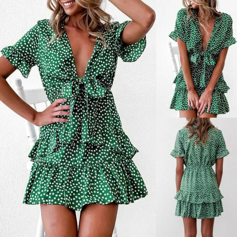 

Summer Boho Women Boho Polka Dot Short Sleeve V-Neck Evening Party Beach Mini Dress