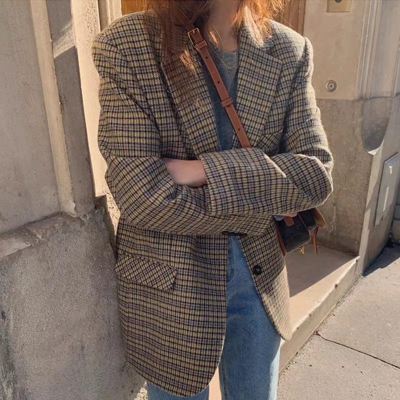 

2020 Fashion Women Woolen Plaid Coat Female Casual Houndstooth Outwear Women Wool Jacket