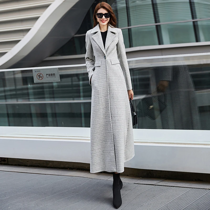 Женское шерстяное пальто в синюю клетку светильник зима 2019 модное длинное с