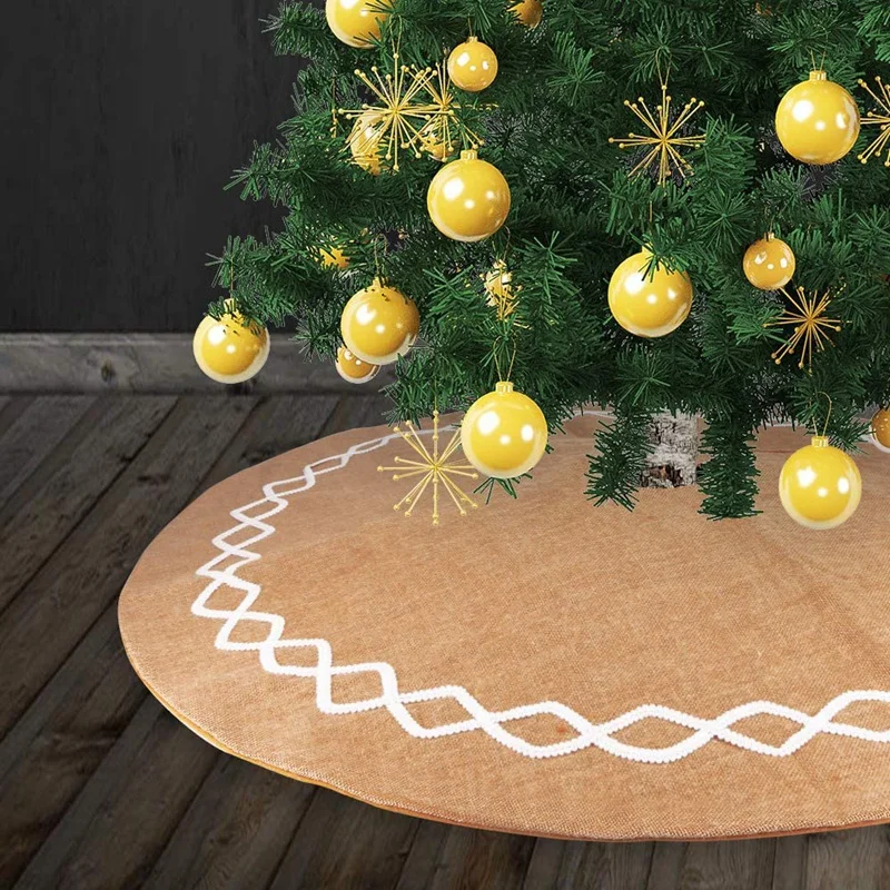 Юбка для новогодней елки из мешковины с белым кружевным декором ручной работы