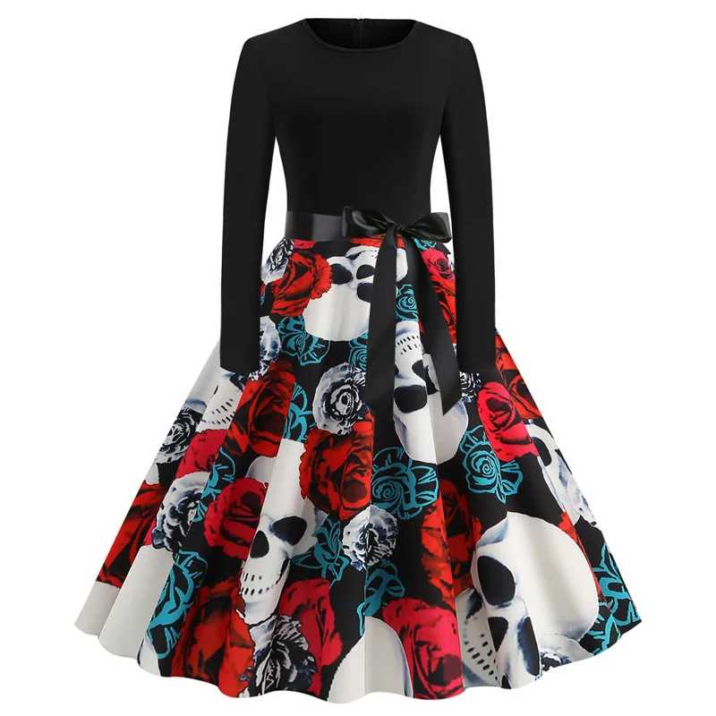 

2021 Повседневное платье на Хэллоуин с длинным рукавом, тонкое платье с круглым вырезом и принтом, готическое платье, Vestido De Mujer, сексуальное платье, Vestidos Mujer