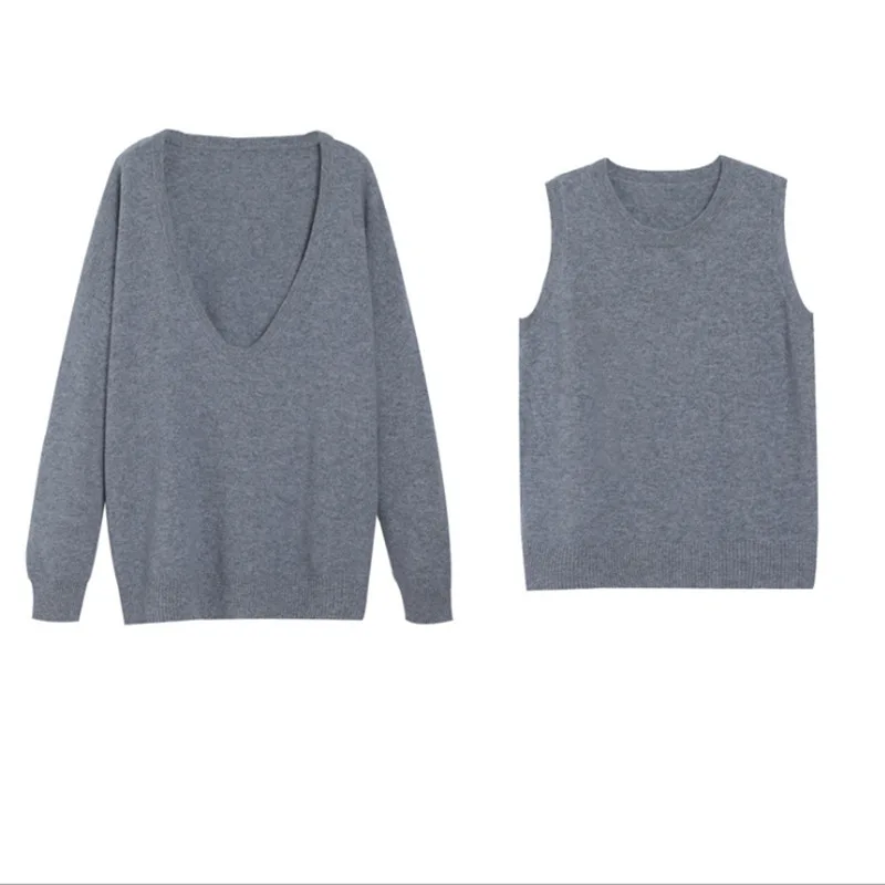 

Women Sweater Fall/Winter Woolen Sweater Pullover Loose Inside Knit Sweater Cashmere Two-piece U-neck Sweater