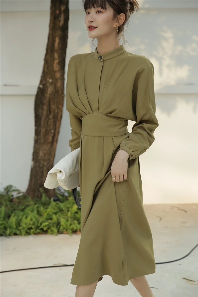 Осеннее винтажное женское платье с рукавами летучая мышь и стоячим воротником