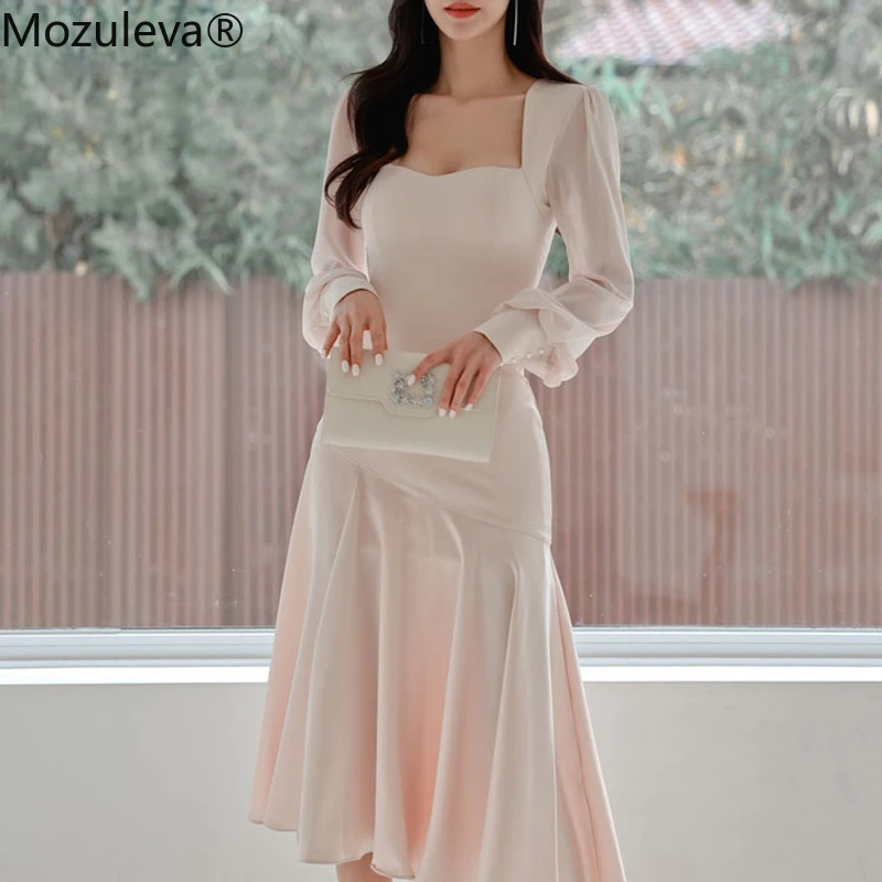 Женское платье с квадратным вырезом длинным рукавом и тонкой талией | Женская