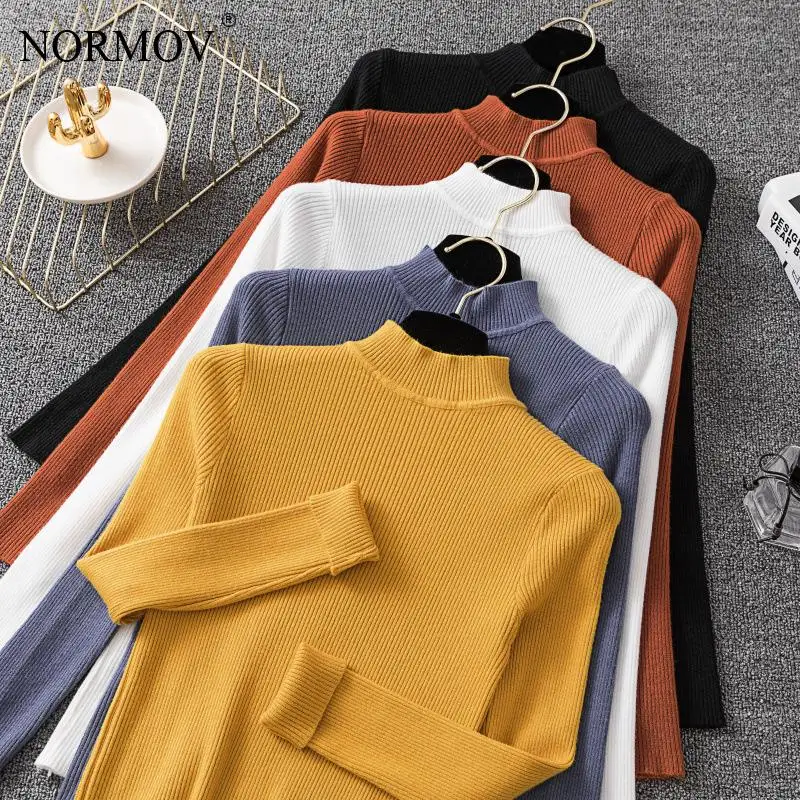 

NORMOV Sweater Women Core-spun Yarn Half Turtleneck Loose Sweater Women Solid Color Slim All-match Sweater