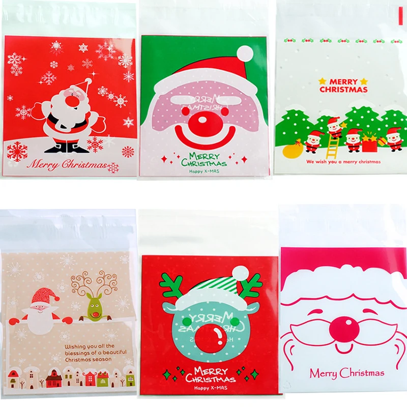 100 шт. самоклеющиеся сумки с рождественской головой лося мешок для конфет печенья