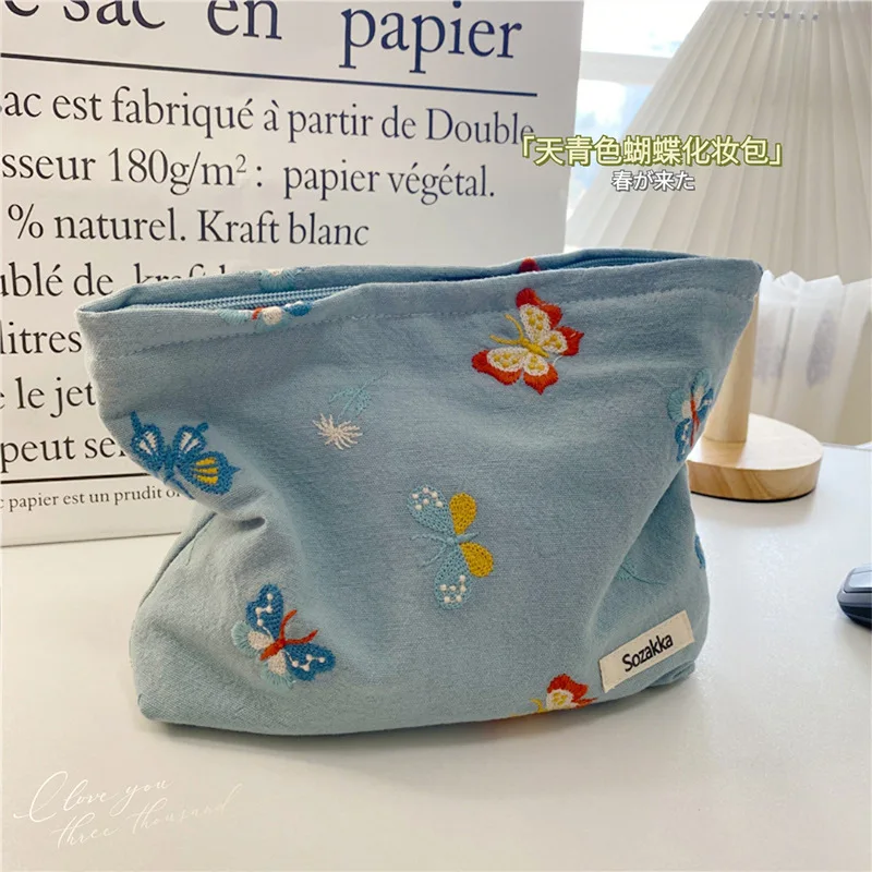 Embroidered Butterfly Cosmetic Bag Portable Zipper Storage Organizer Ladies Carry Coin Purse All-match Large Capacity Makeup Bag