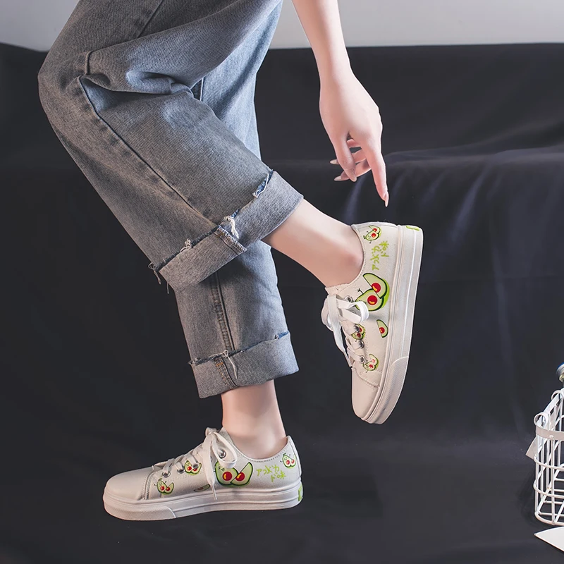 

2021 new girl student canvas shoes flat bottom lace up graffiti women's shoes