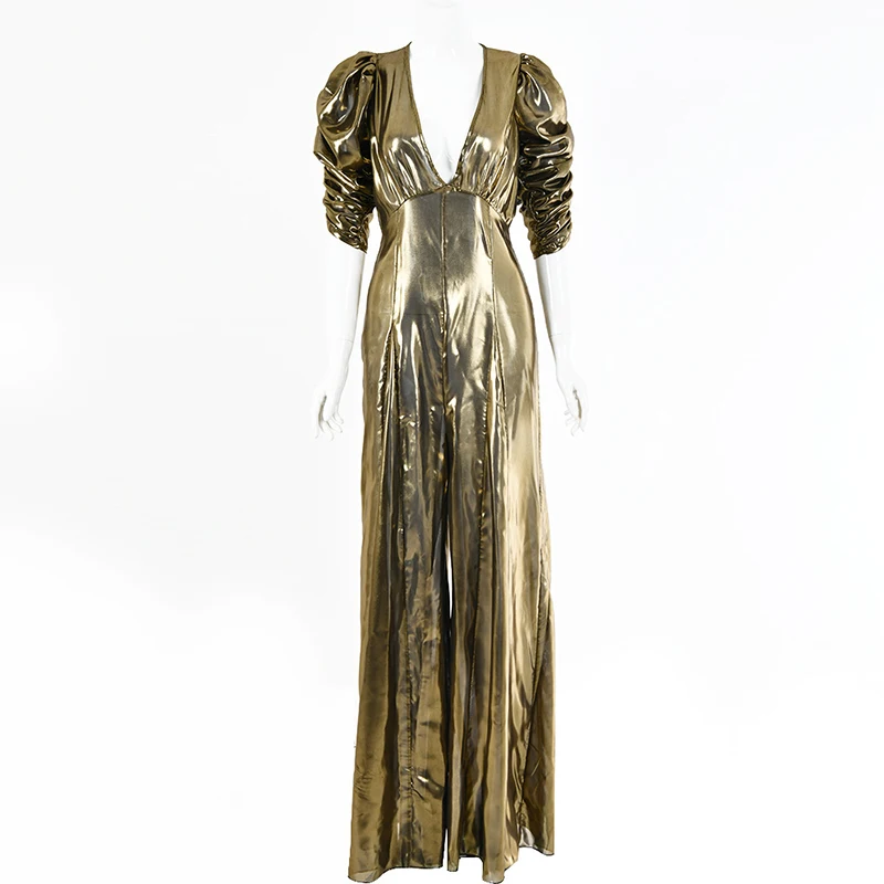 

Ruched Designed Puff Sleeve Rompers Womens Jumpsuit Casual Loose V Neck Wide Leg Pants Jumpsuit Elegant Ladies Party Overalls