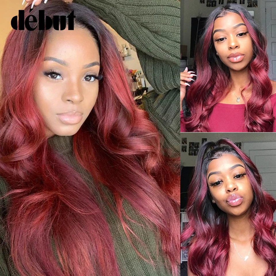 Debut 30 Inches Body Wave 4*4 Lace Closure Wigs For Women Brazilian Human Hair Wigs Ombre 99J Burgundy Lace Front Wigs Free Ship