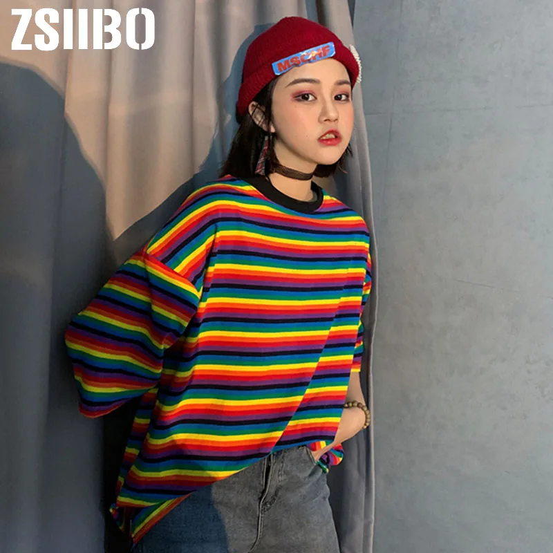 Женская футболка в Корейском стиле Харадзюку с милыми радужными полосками
