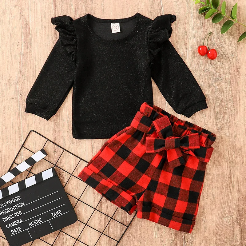 

Girls Spring Autumn Clothes Set Kids Fashion Flying Sleeve T-shirt With Bow Belt Plaid Shorts 1-5 Years Children Fashion Outfits