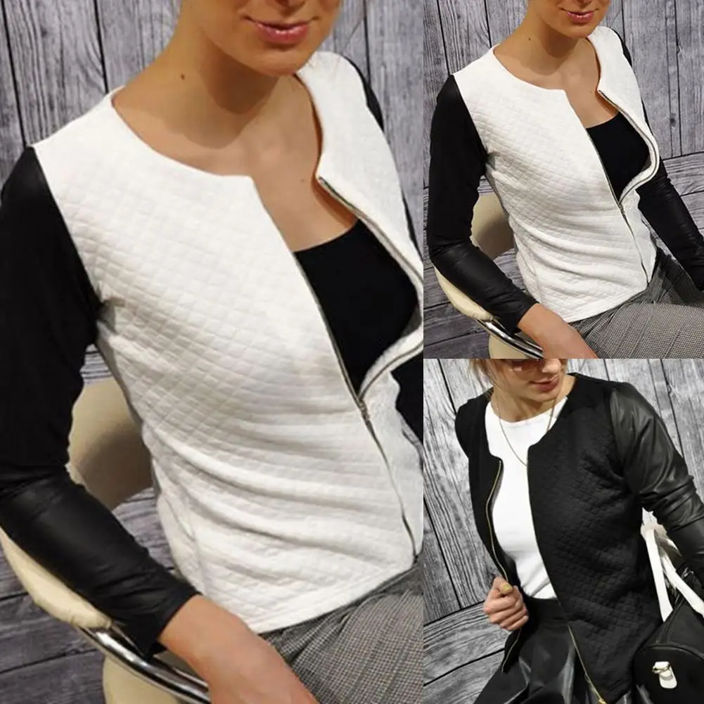 Модная женская куртка из искусственной кожи в стиле пэчворк с длинным рукавом