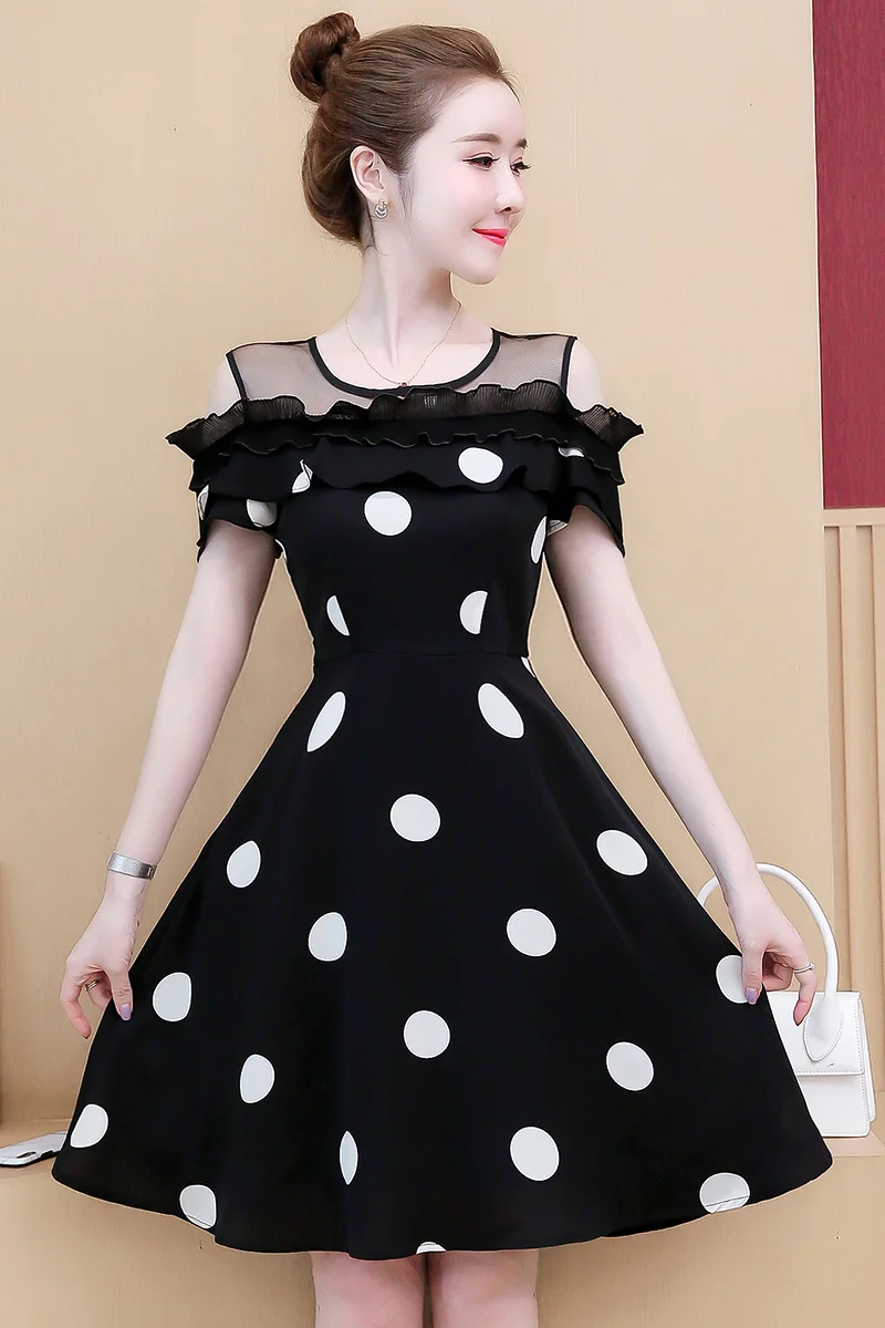 

COIGARSAM 5XL Plus Size Fashion Patchwork Women one-piece dress korean Summer Polka Dot Mesh Dresses 9316