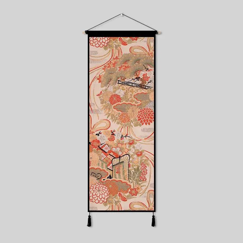 

Japanese Zen Floral Canvas Painting Art Posters Pictures Wall Art Wood Hanging Scroll Painting Home Living Room Decor tapestry