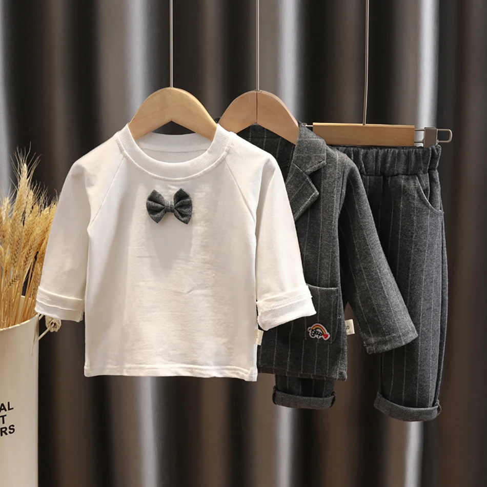 Spring Children Kids Formal Gentleman Casual Toddlder Boys Tie Jackets T-Shirt Pants 3pcs Sets Infant Suit Costume