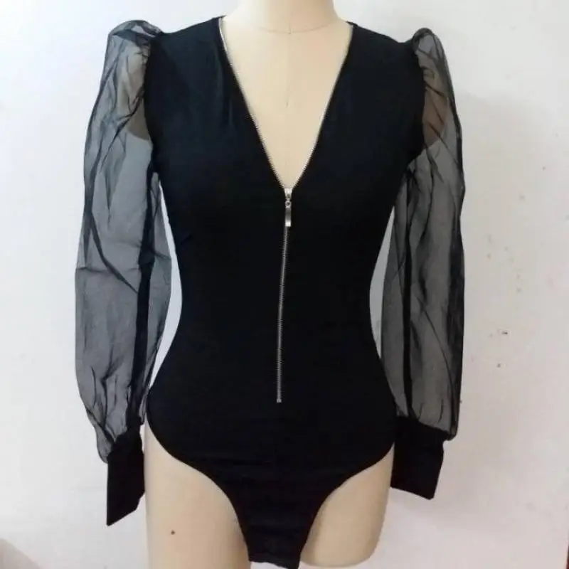 

Genayooa Long Sleeve Sexy Bodysuit Women Solid V Neck Jumpsuit Woman Party Night Mesh Bodysuit Women Top Fashion New 2020