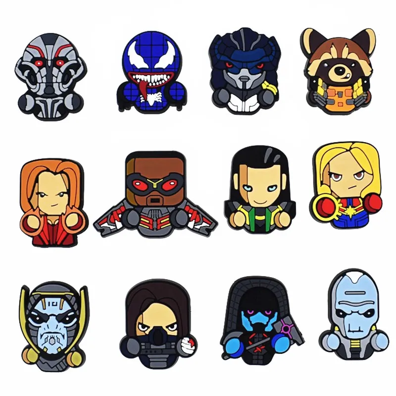 50PCS Wholesale Mix Falcon Rocket Raccoon Ant Man Icon PVC Flat Back For DIY Kids Pendant Shoes Charms Avenger Hero Accessories - купить по