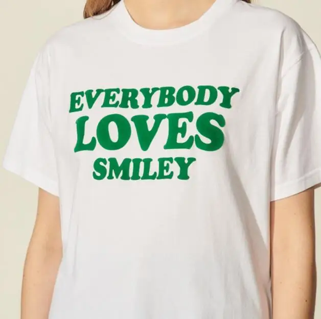 

French s 2021 Summer New Women's Smile Face Flocking Print Short Sleeve T-shirt Girl Women shirt Top