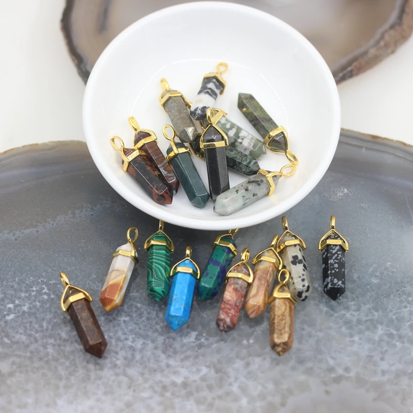 

10pcs,Jaspers Gems Plated Gold Bails Hexagonal Point Pendants,Reiki Chakra Healing Stone Bullet Charms Necklace Jewelry Making