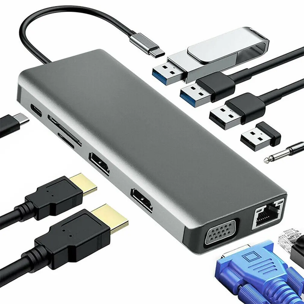

USB-концентратор для Macbook Pro 4K 12 в 1, адаптер с док-станцией типа C, двойной HDMI-совместимый хаб, DP VGA Gigabit USB 3,0, кардридер RJ45 TF