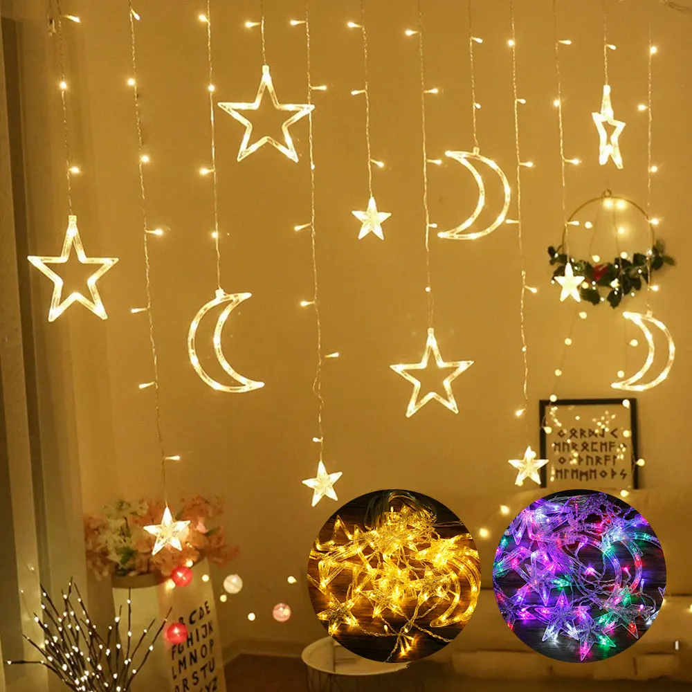 

Star Moon Led Curtain Garland String Light Eid Mubarak Ramadan Decoration Islam Muslim Party Decor Gift