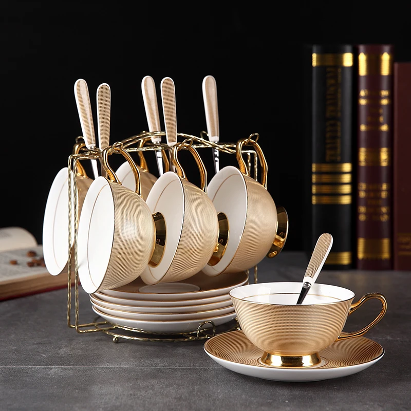 6Cups n Holder Роскошный Золотой костяной фарфор чайная чашка блюдце ложка набор 200 мл Благородная керамическая кофейная чашка Современная фарфоровая чайная чашка вечерние чайные часы посуда для напитков - Цвет: 6Cups n Holder