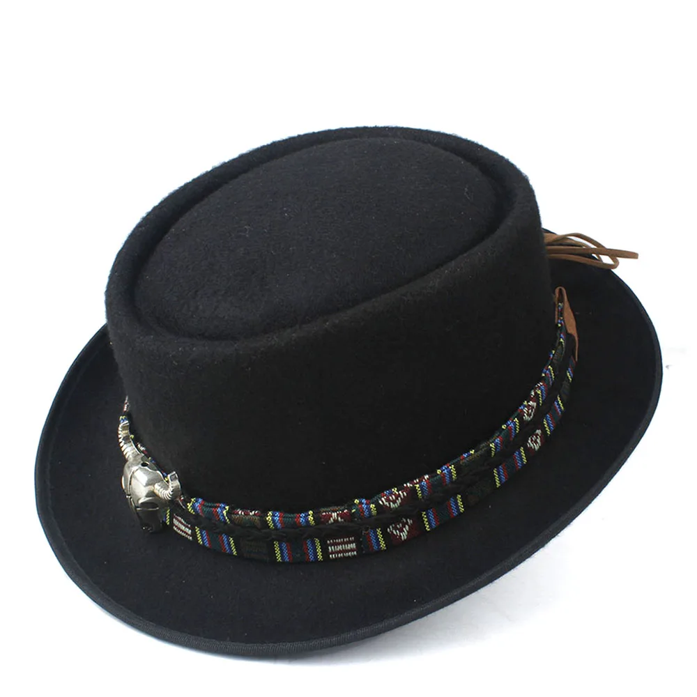 

2021 Fashion Men Women Pork Pie Hat with Cow Head Leather Band Church Church Hat Jazz Hat Size 58CM