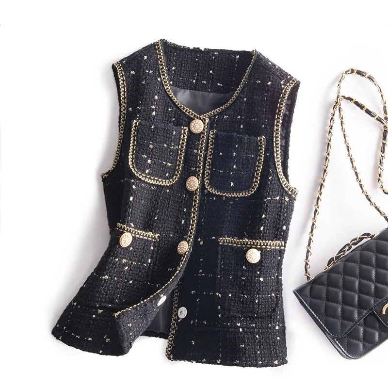 

Tweed Vest Women Elegant Multi-pockets Slim Wool Short Coat Single Breasted Plaid Office Lady Sleeveless Jacket Black Waistcoat