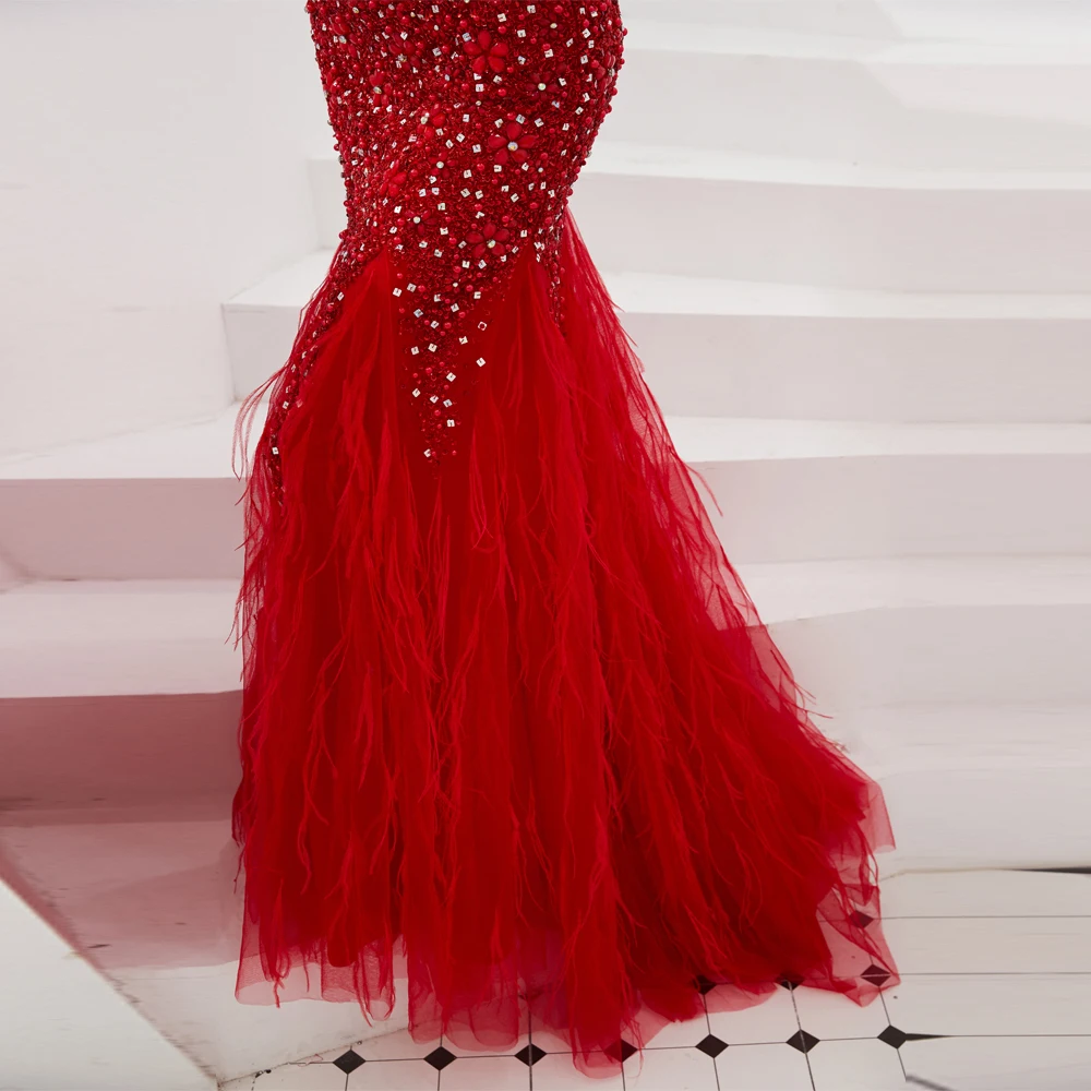 

Weilinsha Red Mermaid Evening Dresses Sexy O-neck Sleeveless Heavy Rhinestones Feather Robe De Soiree Prom Dress 2020