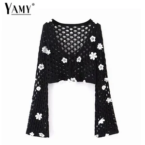 Белый кавайный пикантный свитер с цветочной вышивкой, милый вязаный осенний свитер, кавайный черный пуловер, укороченные свитера для женщин в Корейском стиле