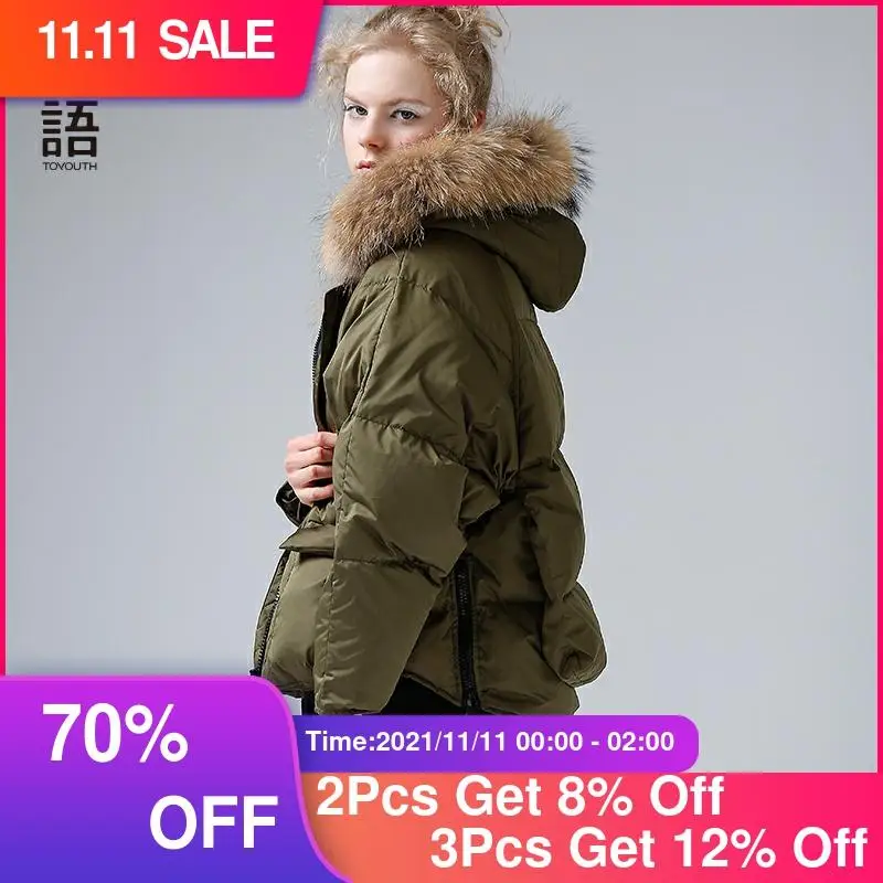 

Toyouth Fur Collar Down Light Womens Parka Coat Winter Women Thicken Warm Hooded Overcoat Jackets 80% White Duck Down Jacket