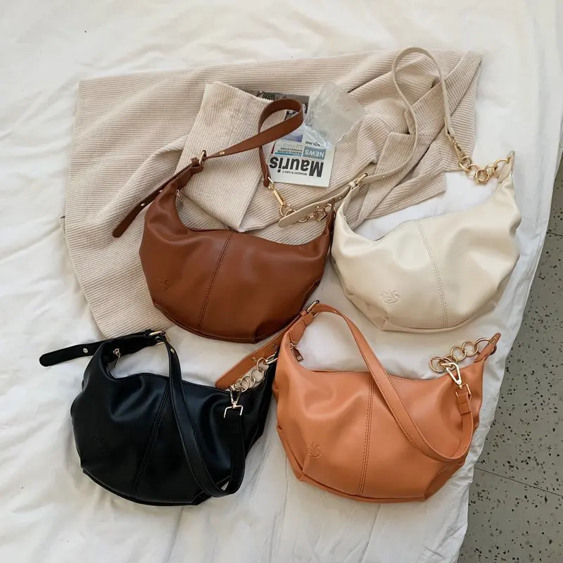 

Semicircle Pleated Design PU Leather Drawstring Crossbody Bags for Women 2021 Branded Trendy Shoulder Handbags and Purses