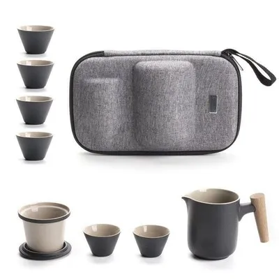 

Ceramic Cup Set One Pot Two/Six Cups Kung Fu Tea Set Teapot Portable Outdoor Storage Travel Teaset Gift Safe Packaging With Wooden Handle 300ml