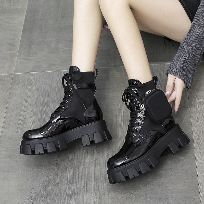 

Women's boots ankle thick-soled motorcycle Martin boots women's lace-up thick heel belt buckle pocket large size shoes women