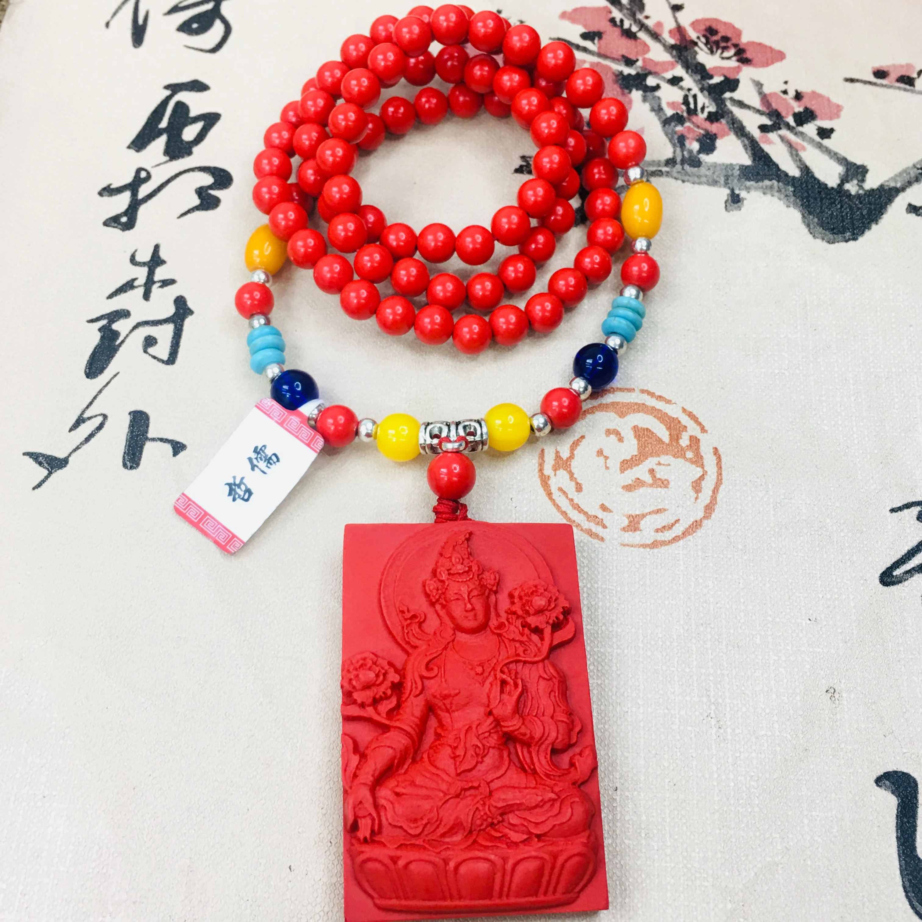 Zheru natural carved ore cinnabar lotus Guanyin pendant with multi-color bead necklace men and women sweater chain | Украшения и