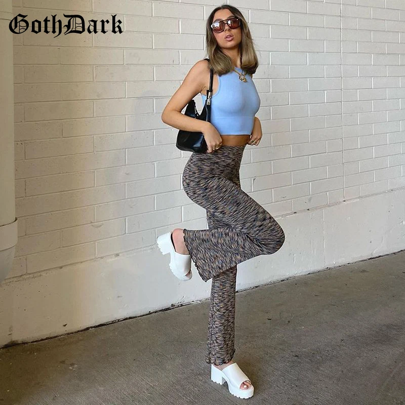

Goth Dark Knitted E-Girl Gothic Women Flare Pants Grunge Harajuku High Waist Slim Trousers Summer Ruffles Hem Fashion Streetwear