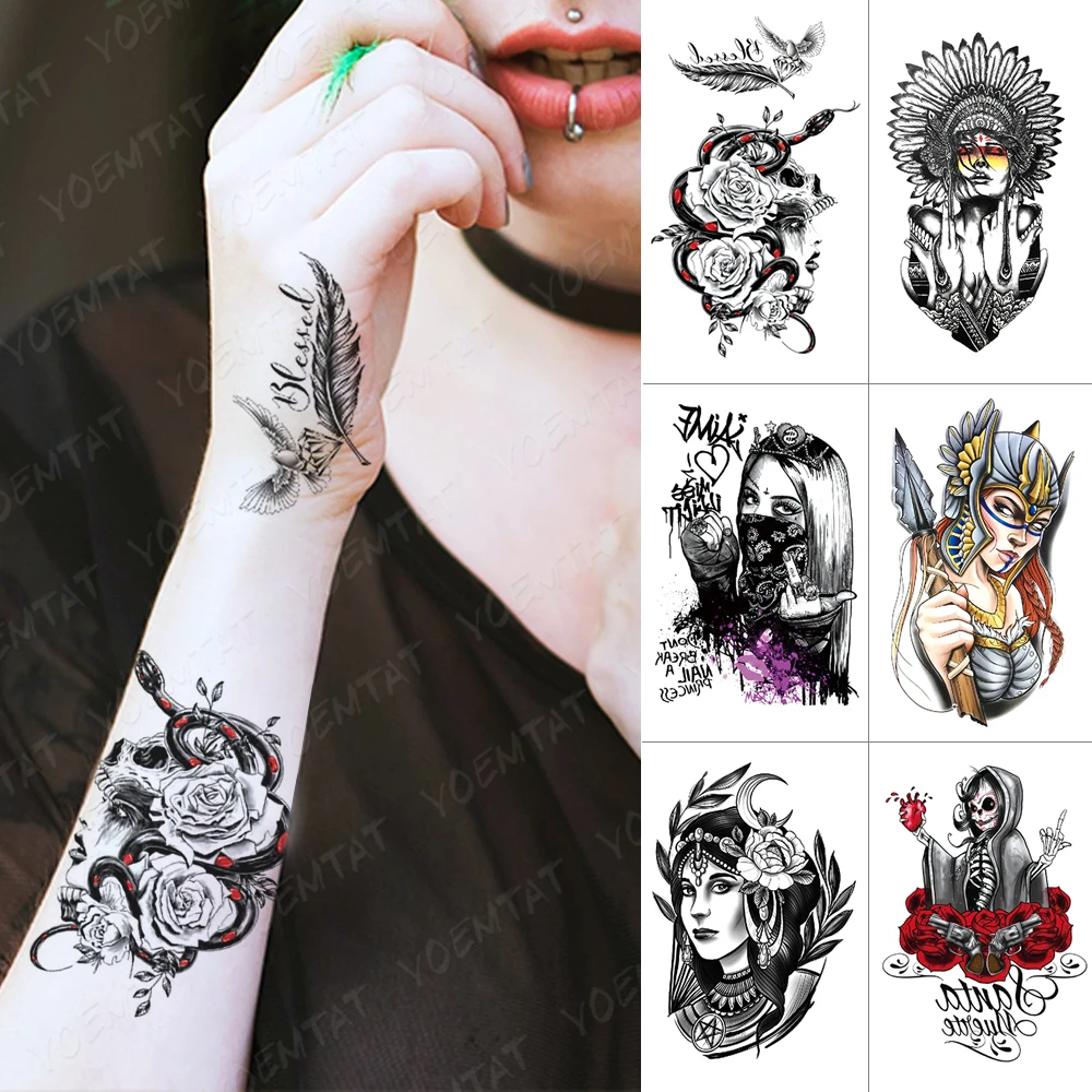

Waterproof Temporary Tattoo Sticker Snake Rose Skull Flash Tattoos Tribe Cool Girl Body Art Arm Water Transfer Fake Tatoo Women