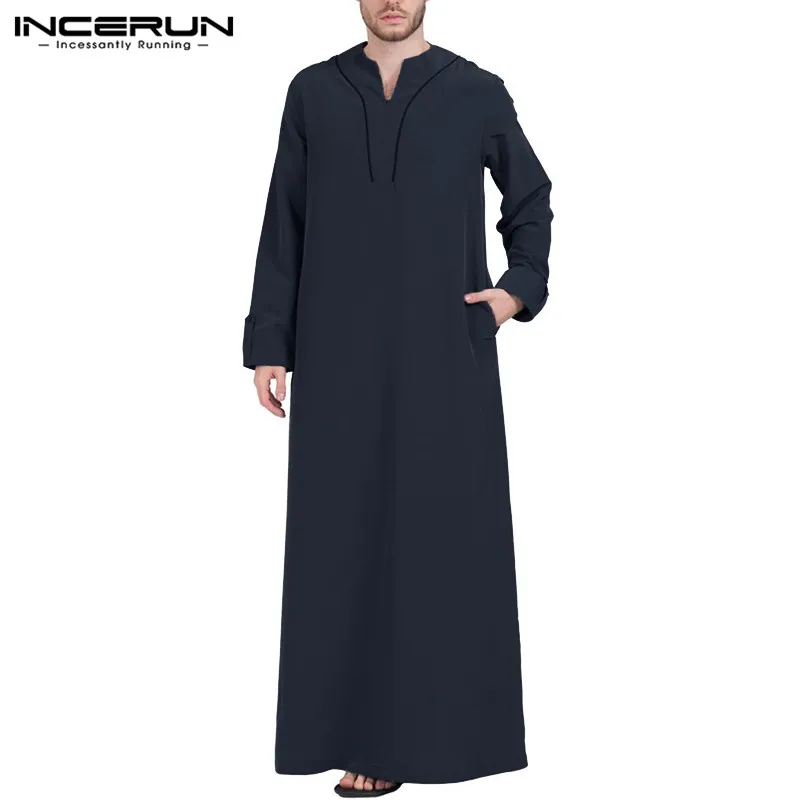 

INCERUN Mens Muslim Clothes Jubba Thobe Long Sleeve V Neck Casual Saudi Arabia Men Robes Abaya Dubai Thobe Arabic Islamic Kaftan