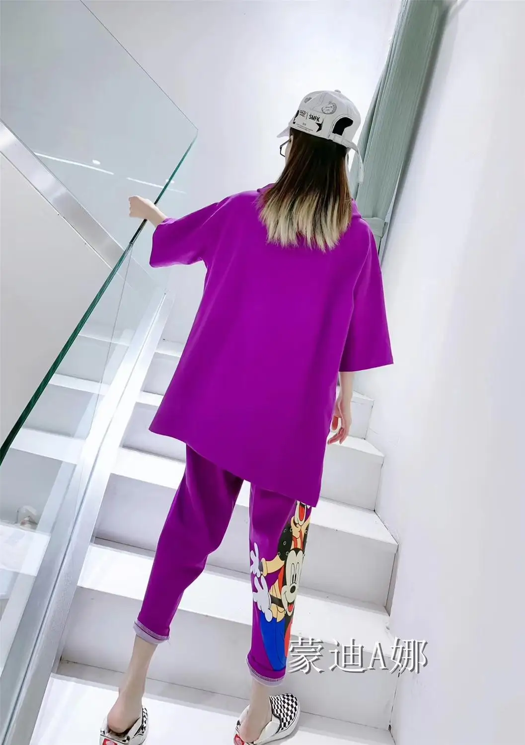Spring Summer Loose 2 Pieces Women's Cute Cartoon Print Tracksuits Twinsets Hooded Blouses Tops And Casual Pants Suits NS680 | Женская