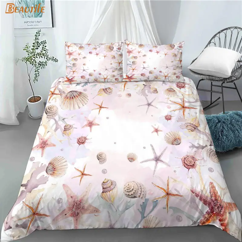 

Custom Beach Shells Landscape 3 Pcs Duvet Cover Set Fashion Bedding Sets Comforter Duvet Cover Pillowcase Home Textiles